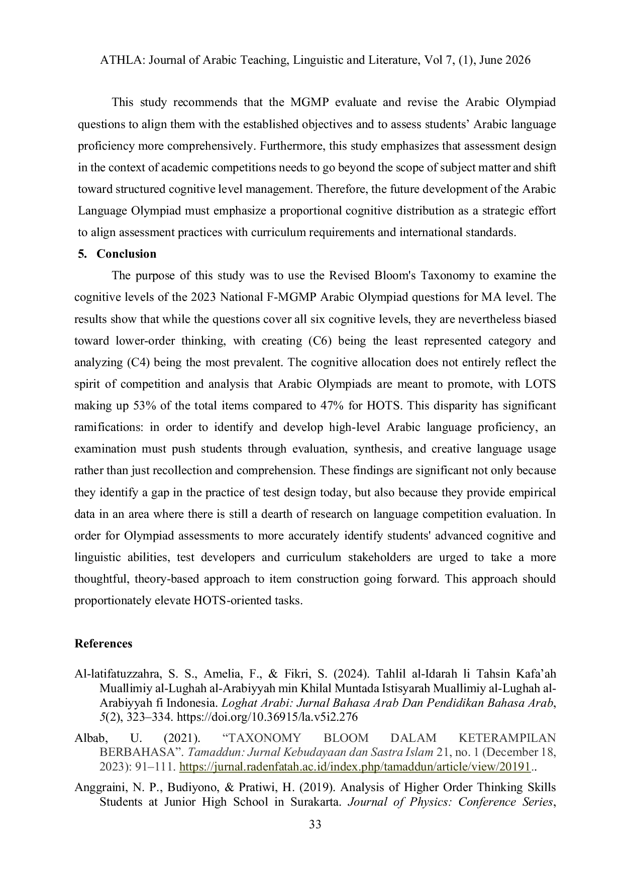 JURIS Cognitive Level Mapping of Indonesian Arabic Olympiad Questions A Bloom s Taxonomy Analysis