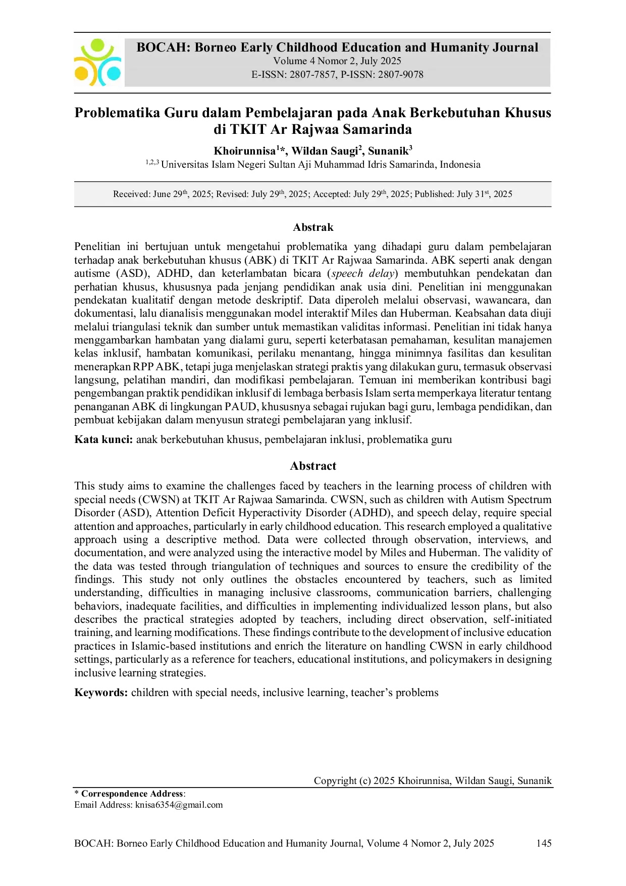 JURIS Problematika Guru dalam Pembelajaran pada Anak Berkebutuhan Khusus di TKIT Ar Rajwaa Samarinda