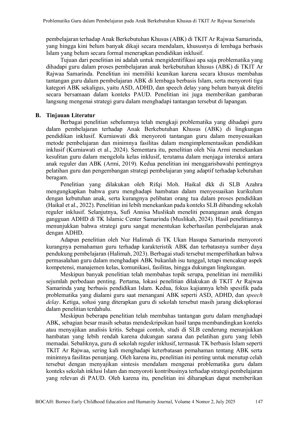 JURIS Problematika Guru dalam Pembelajaran pada Anak Berkebutuhan Khusus di TKIT Ar Rajwaa Samarinda