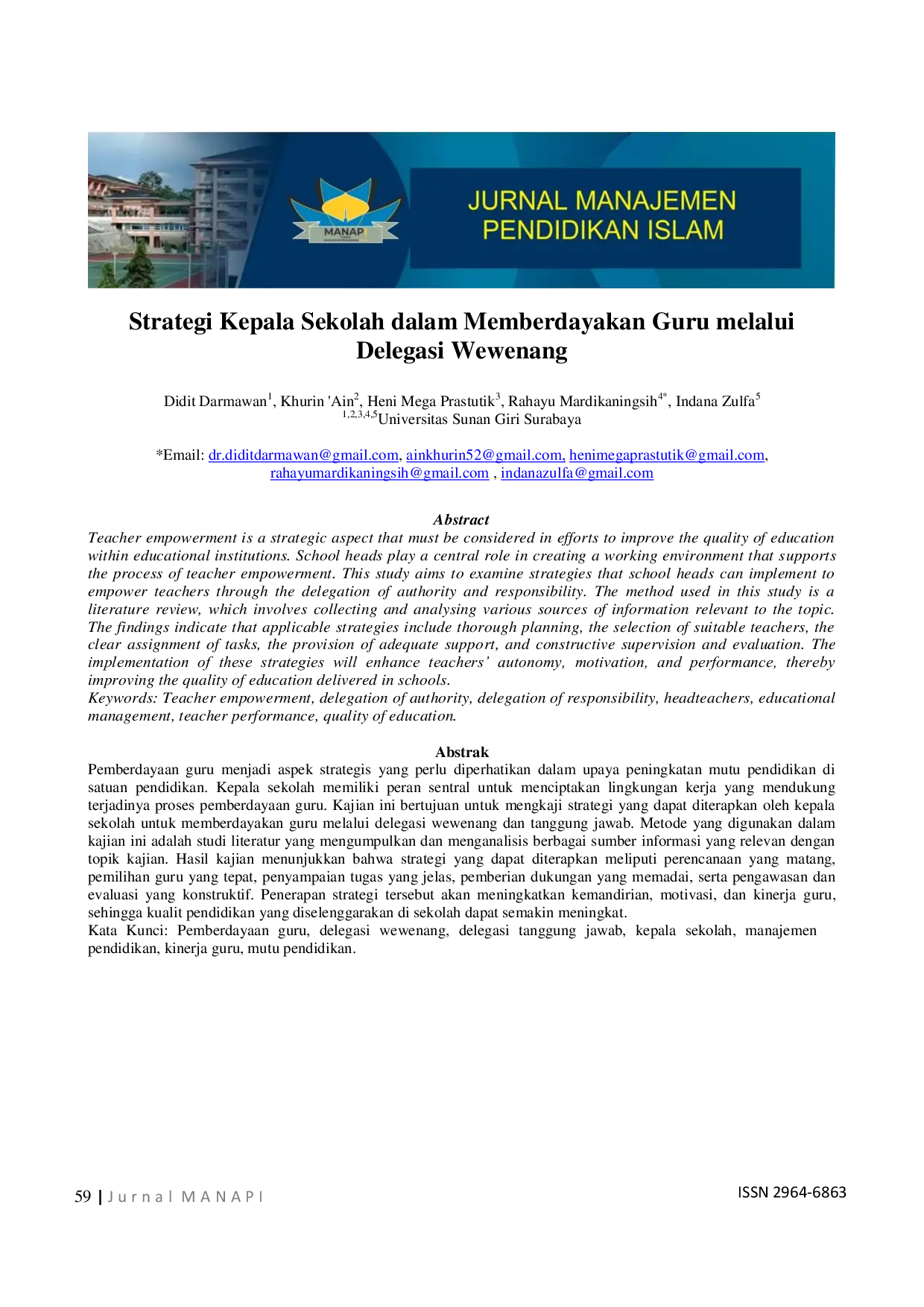 JURIS Strategi Kepala Sekolah dalam Memberdayakan Guru melalui Delegasi Wewenang