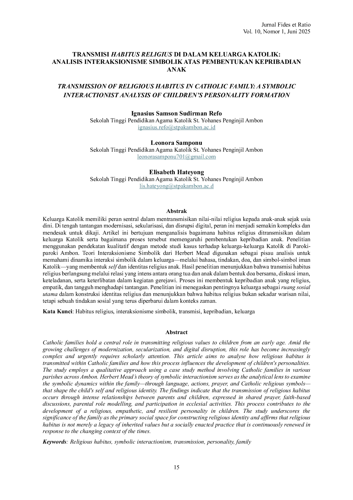 JURIS Transmisi Habitus Religius di dalam Keluarga Katolik Analisis Interaksionisme Simbolik atas Pembentukan Kepribadian Anak