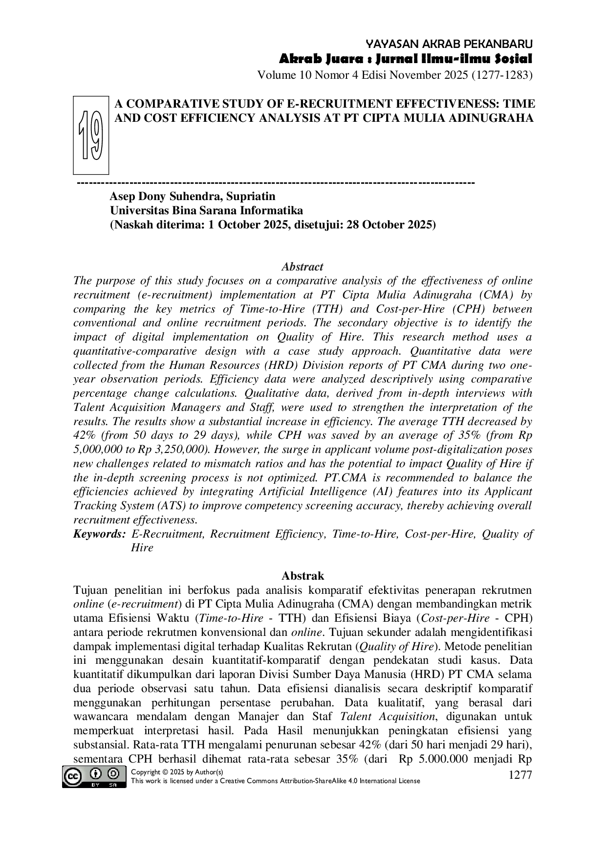 JURIS Studi Perbandingan Efektivitas E Rekrutmen Analisis Efisiensi Waktu dan Biaya Studi Kasus di PT Cipta Mulia Adinugraha