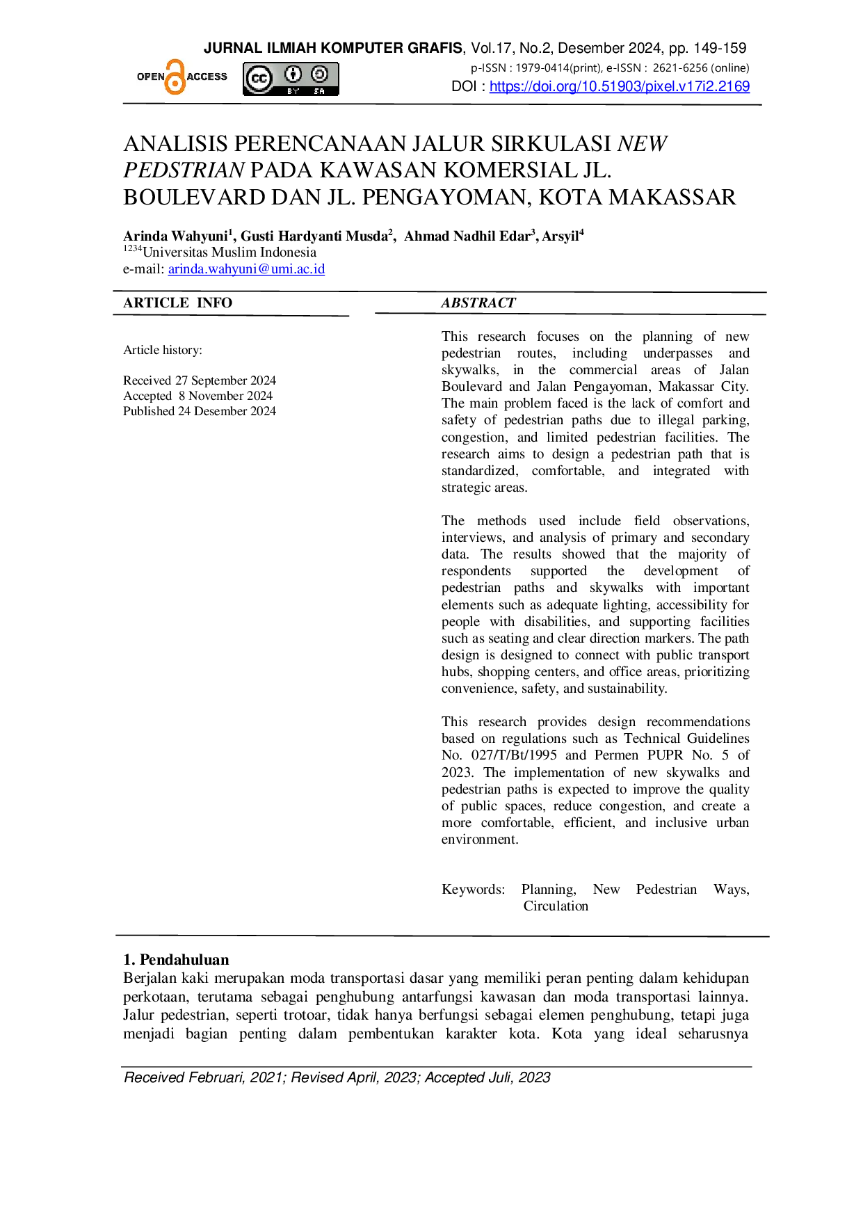 JURIS Analisis Perencanaan Jalur Sirkulasi New Pedestrian Pada Kawasan Komersial Jl Boulevard Dan Jl Pengayoman Kota Makassar