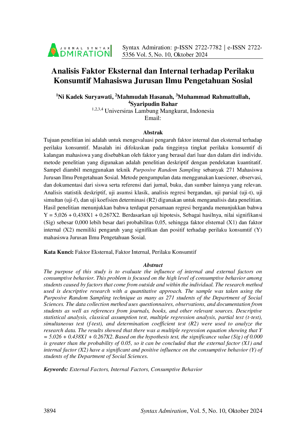 JURIS Analisis Faktor Eksternal dan Internal terhadap Perilaku Konsumtif Mahasiswa Jurusan Ilmu Pengetahuan Sosial