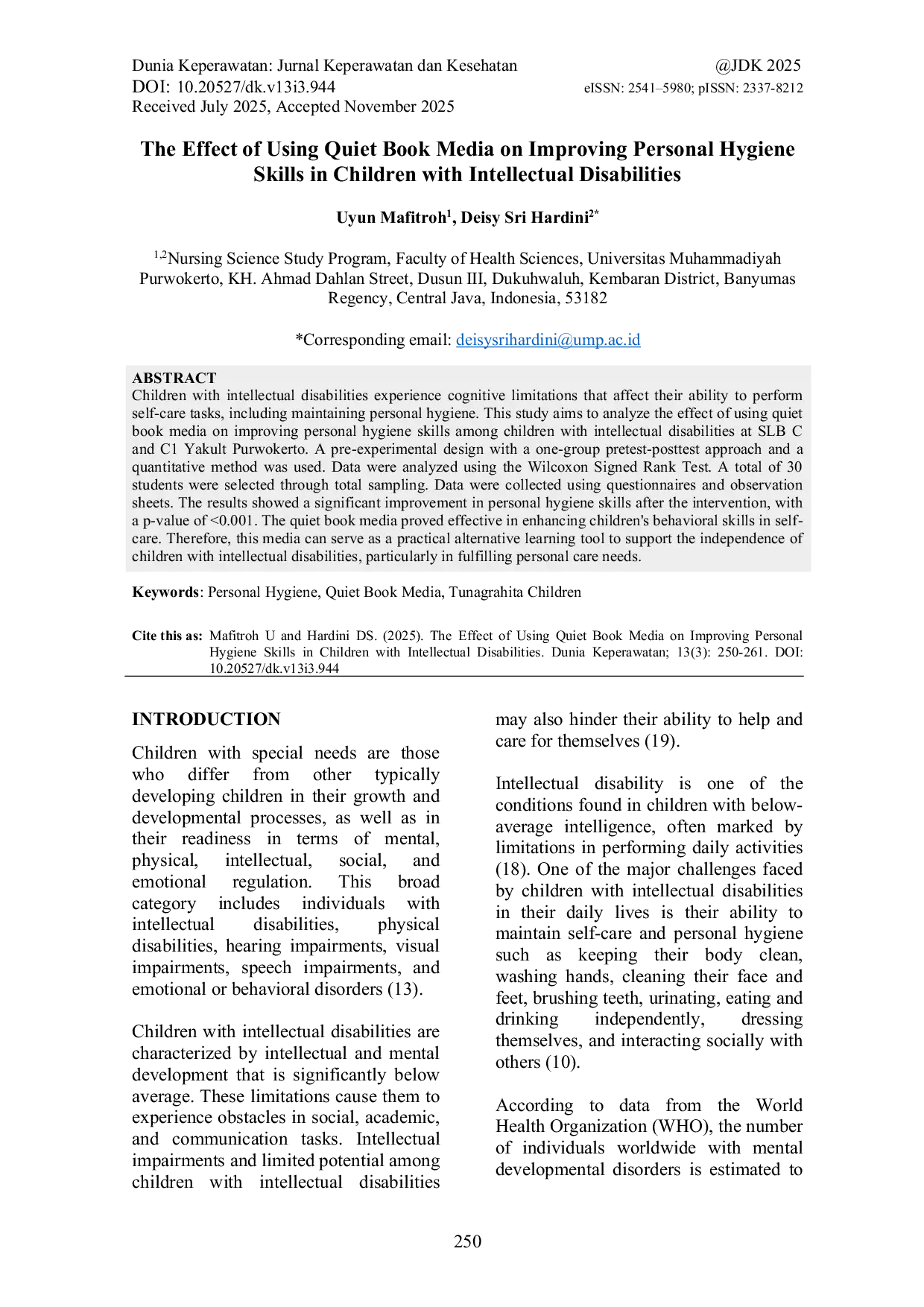 JURIS The Effect of Using Quiet Book Media on Improving Personal Hygiene Skills in Children with Intellectual Disabilities