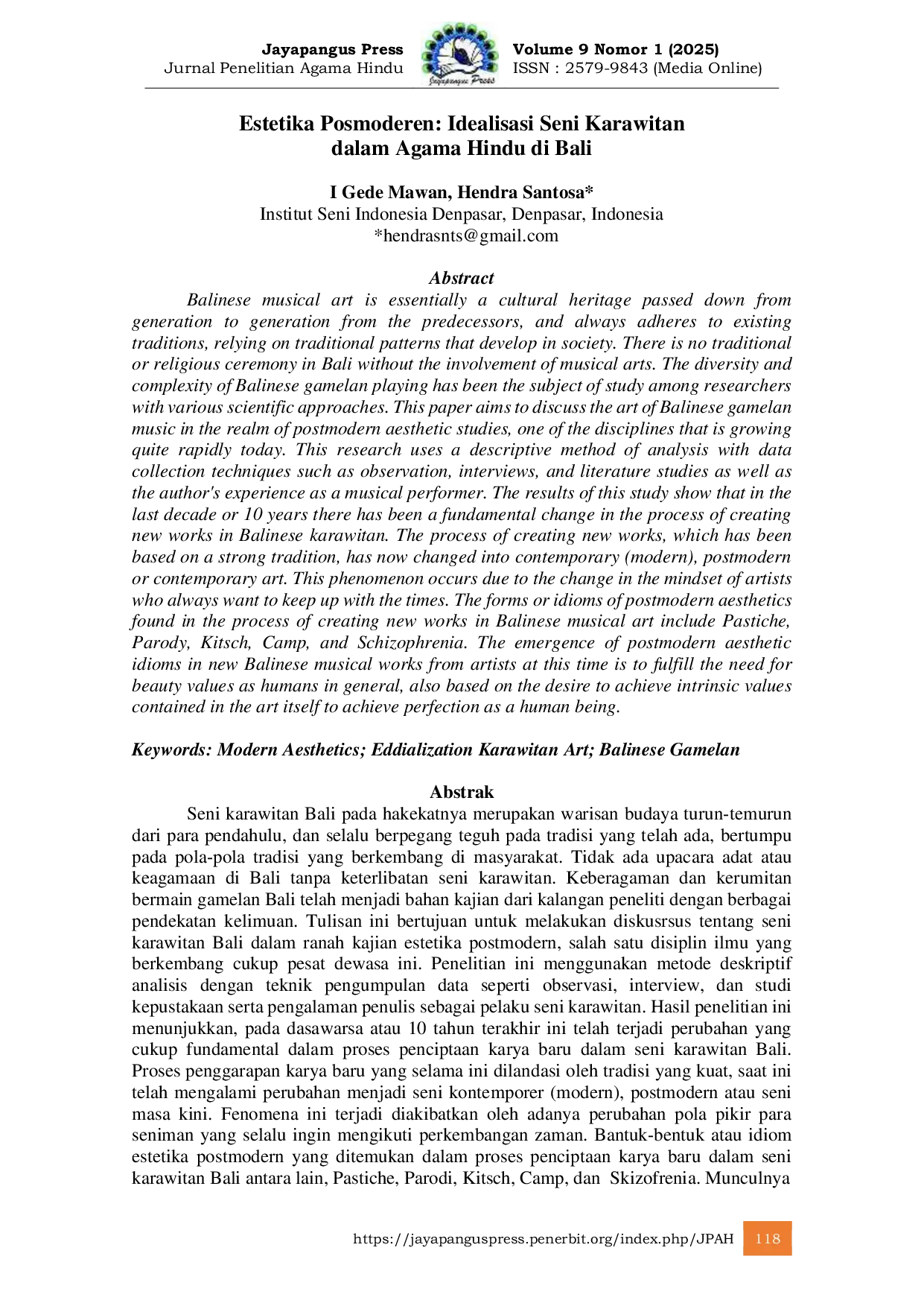JURIS Estetika Posmoderen Idealisasi Seni Karawitan dalam Agama Hindu di Bali