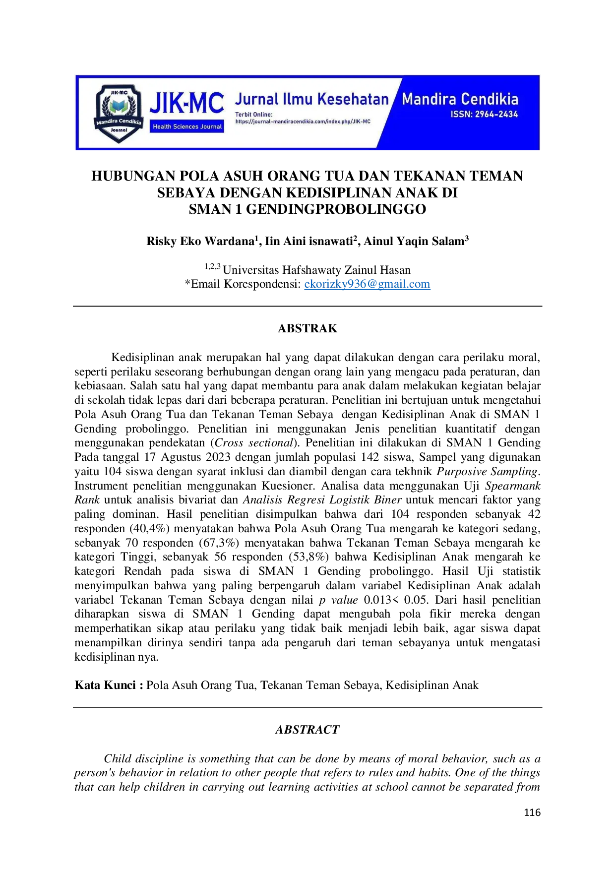 juris Hubungan Pola Asuh Orang Tua Dan Tekanan Teman Sebaya Dengan Kedisiplinan Anak Di SMAN 1 Gending Probolinggo