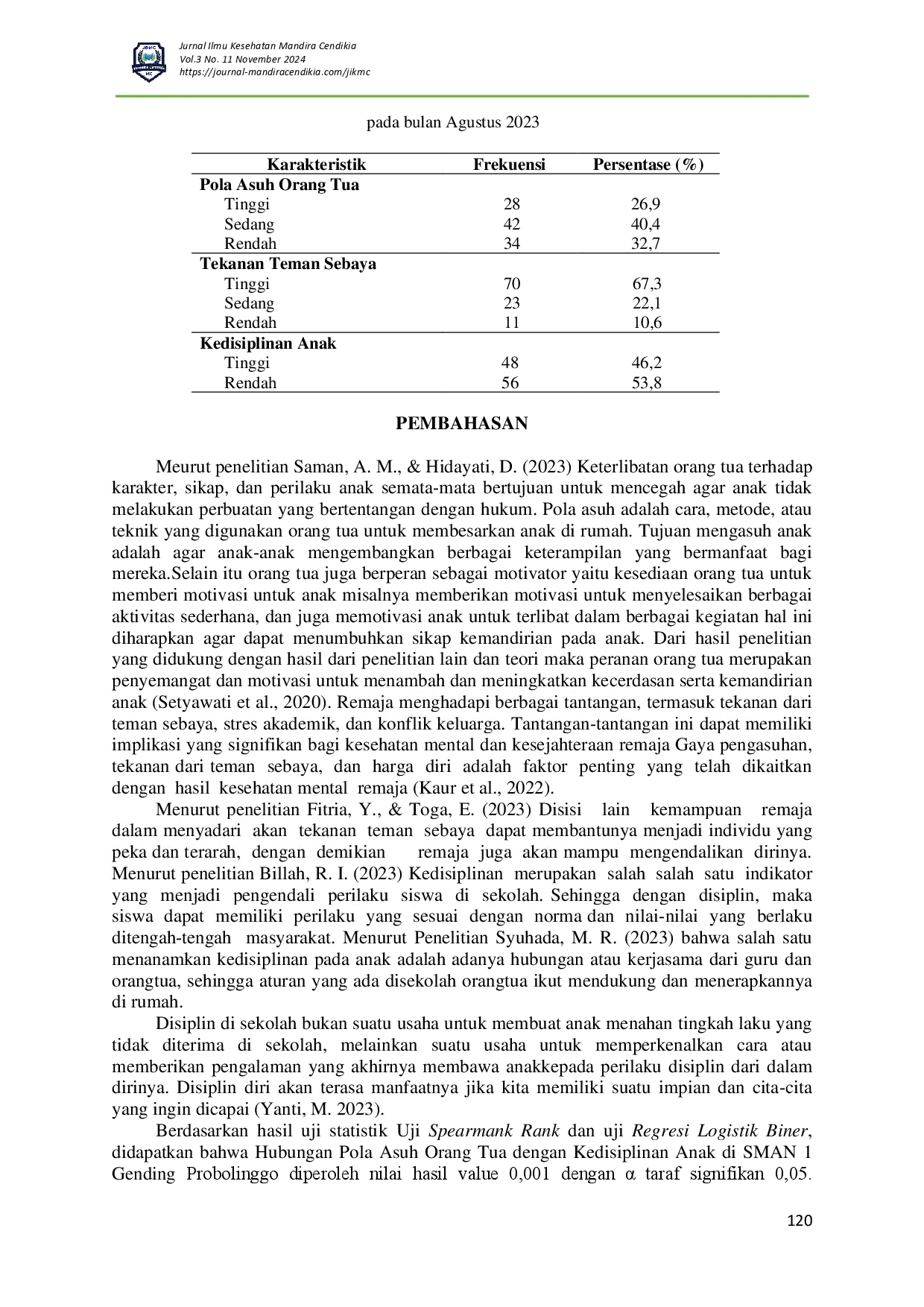 juris Hubungan Pola Asuh Orang Tua Dan Tekanan Teman Sebaya Dengan Kedisiplinan Anak Di SMAN 1 Gending Probolinggo