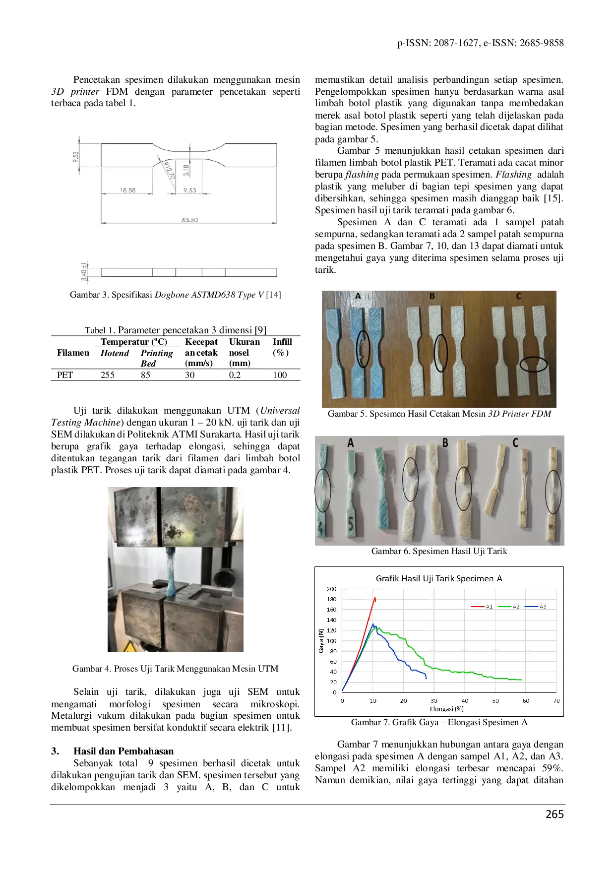 JURIS Analisis Hasil Uji Tarik dan SEM pada Obyek Cetak 3D dari Filamen Limbah Plastik PET