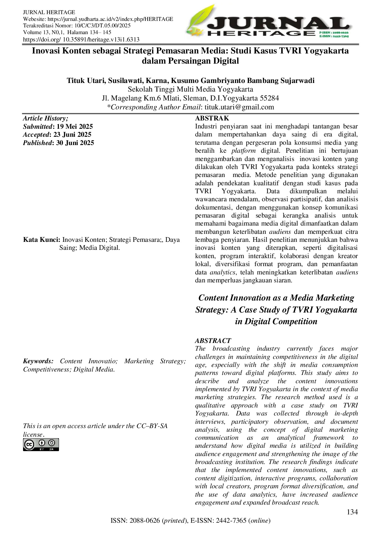 JURIS Inovasi Konten sebagai Strategi Pemasaran Media Studi Kasus TVRI Yogyakarta dalam Persaingan Digital