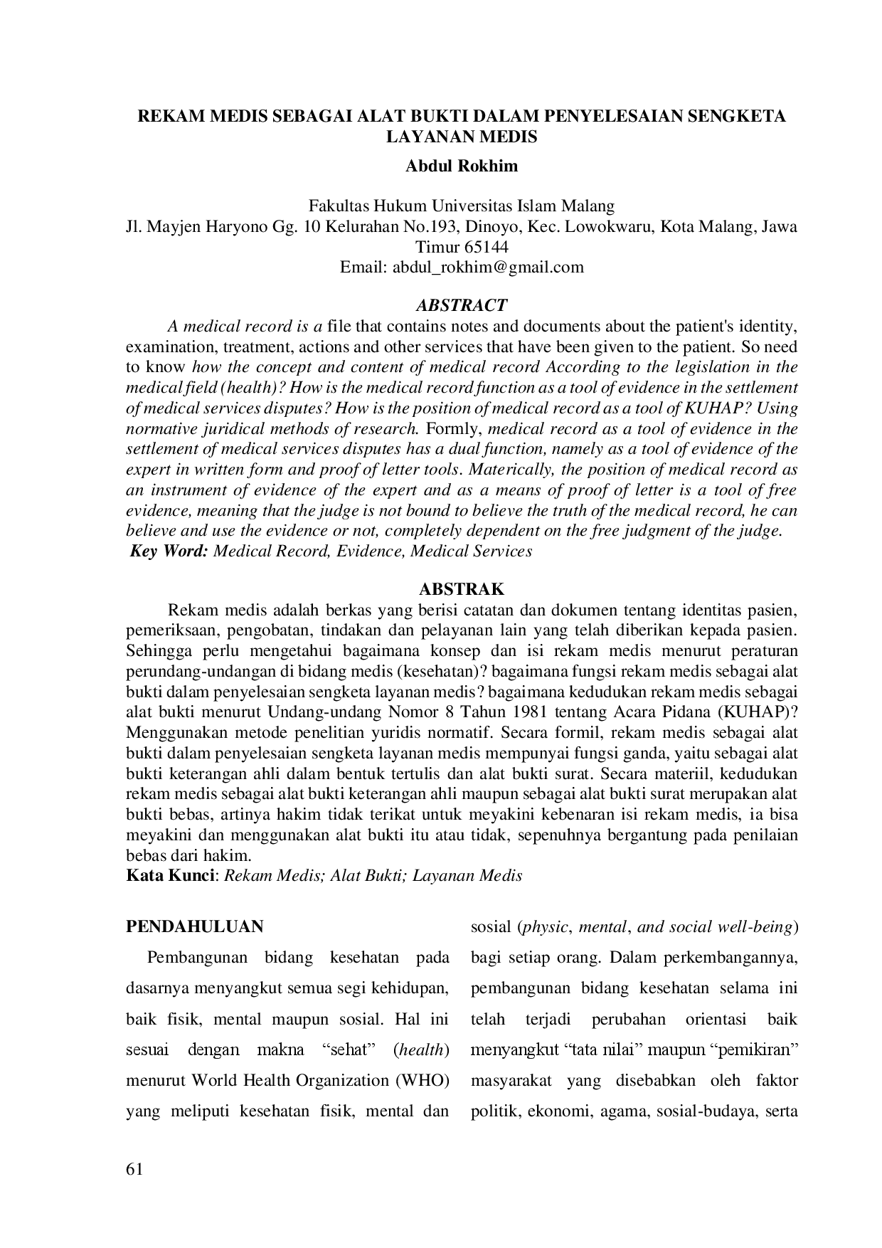 juris Rekam Medis Sebagai Alat Bukti Dalam Penyelesaian Sengketa Layanan Medis