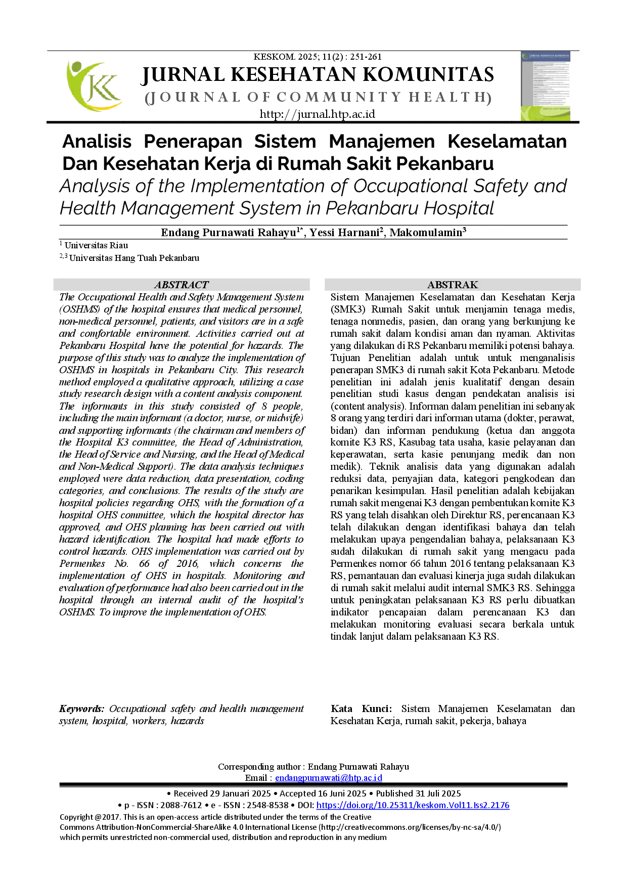 juris Analisis Penerapan Sistem Manajemen Keselamatan Dan Kesehatan Kerja di Rumah Sakit Pekanbaru