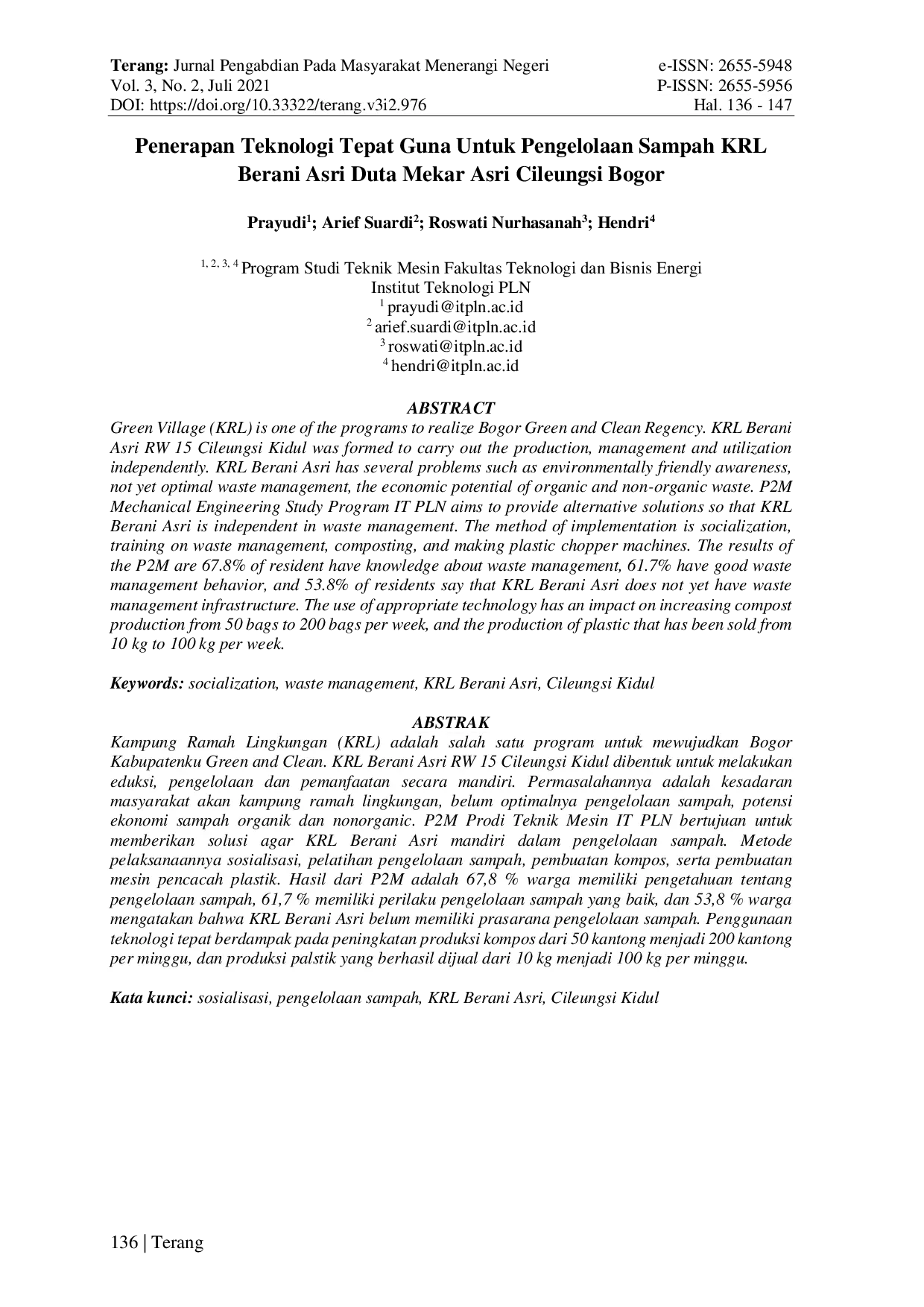 JURIS Penerapan Teknologi Tepat Guna Untuk Pengelolaan Sampah KRL Berani Asri