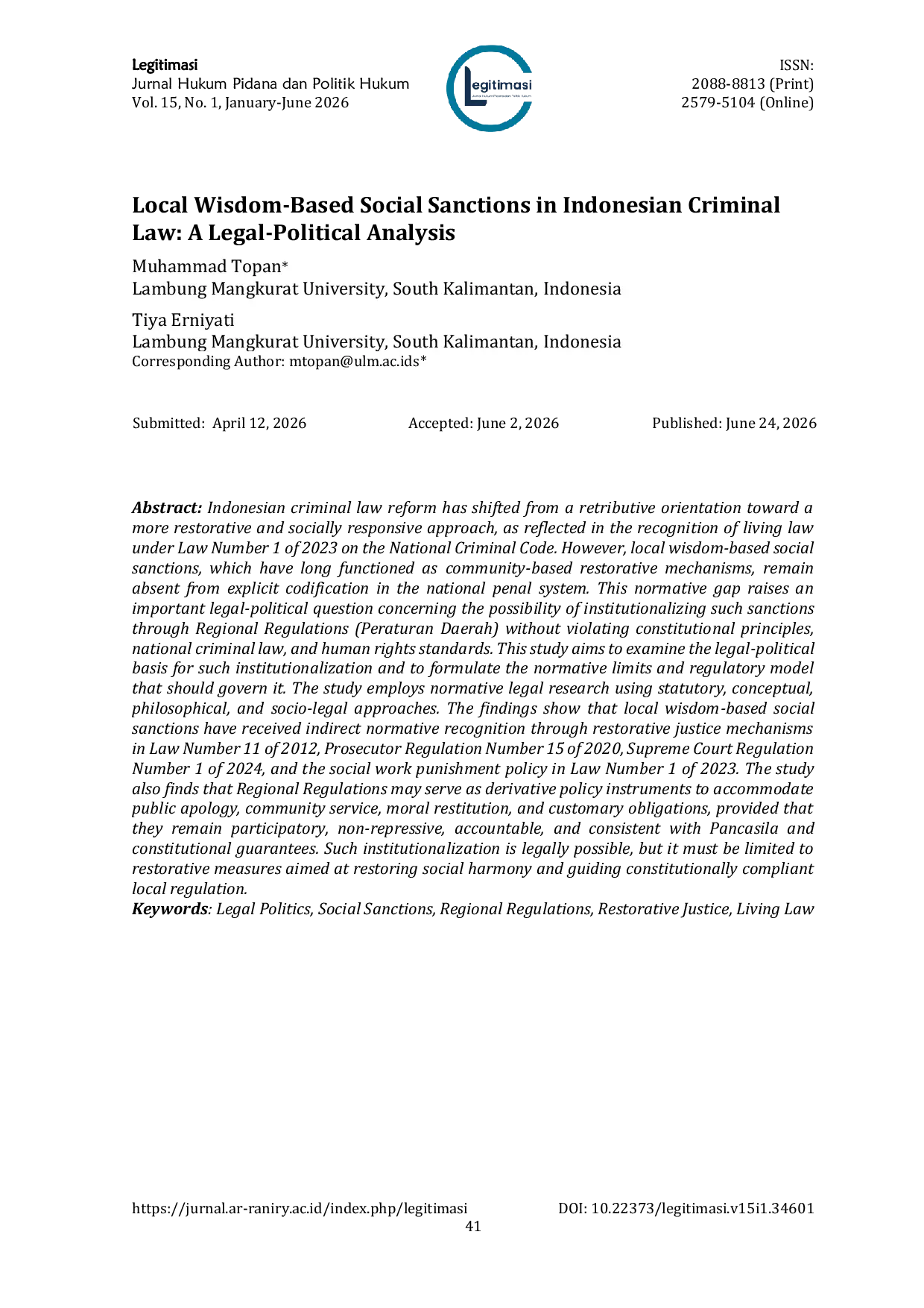 JURIS Local Wisdom Based Social Sanctions in Indonesian Criminal Law A Legal Political Analysis