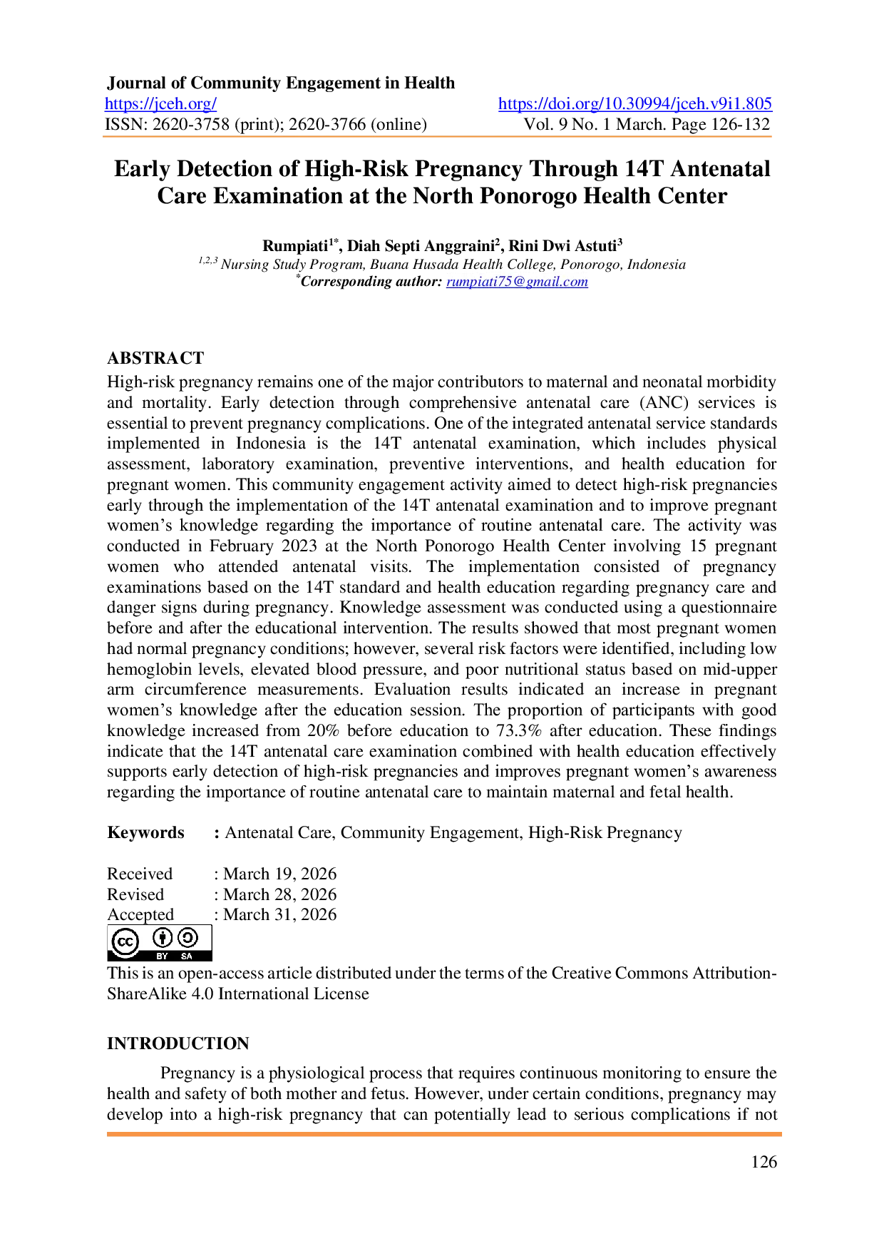JURIS Early Detection of High Risk Pregnancy Through 14T Antenatal Care Examination at the North Ponorogo Health Center