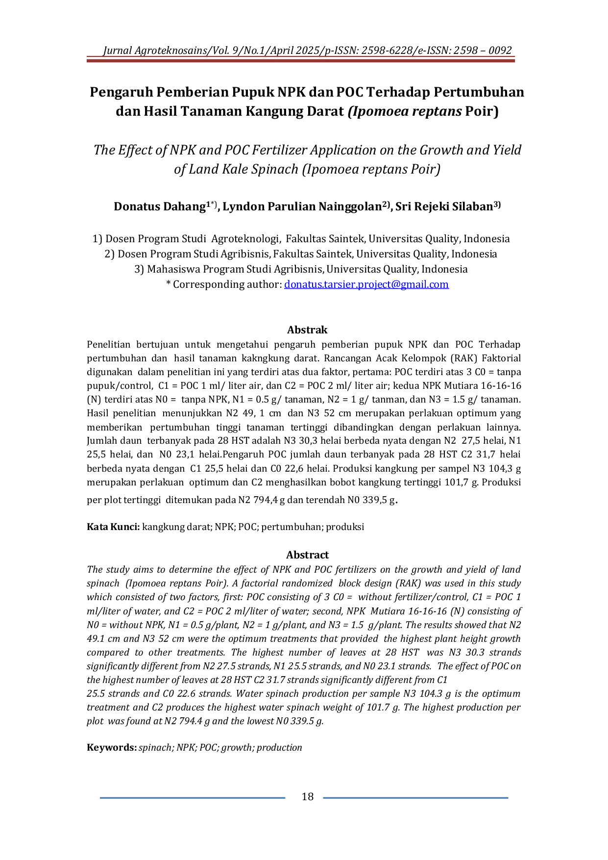 JURIS Pengaruh Pemberian Pupuk NPK dan POC Terhadap Pertumbuhan dan Hasil Tanaman Kangung Darat Ipomoea reptans Poir