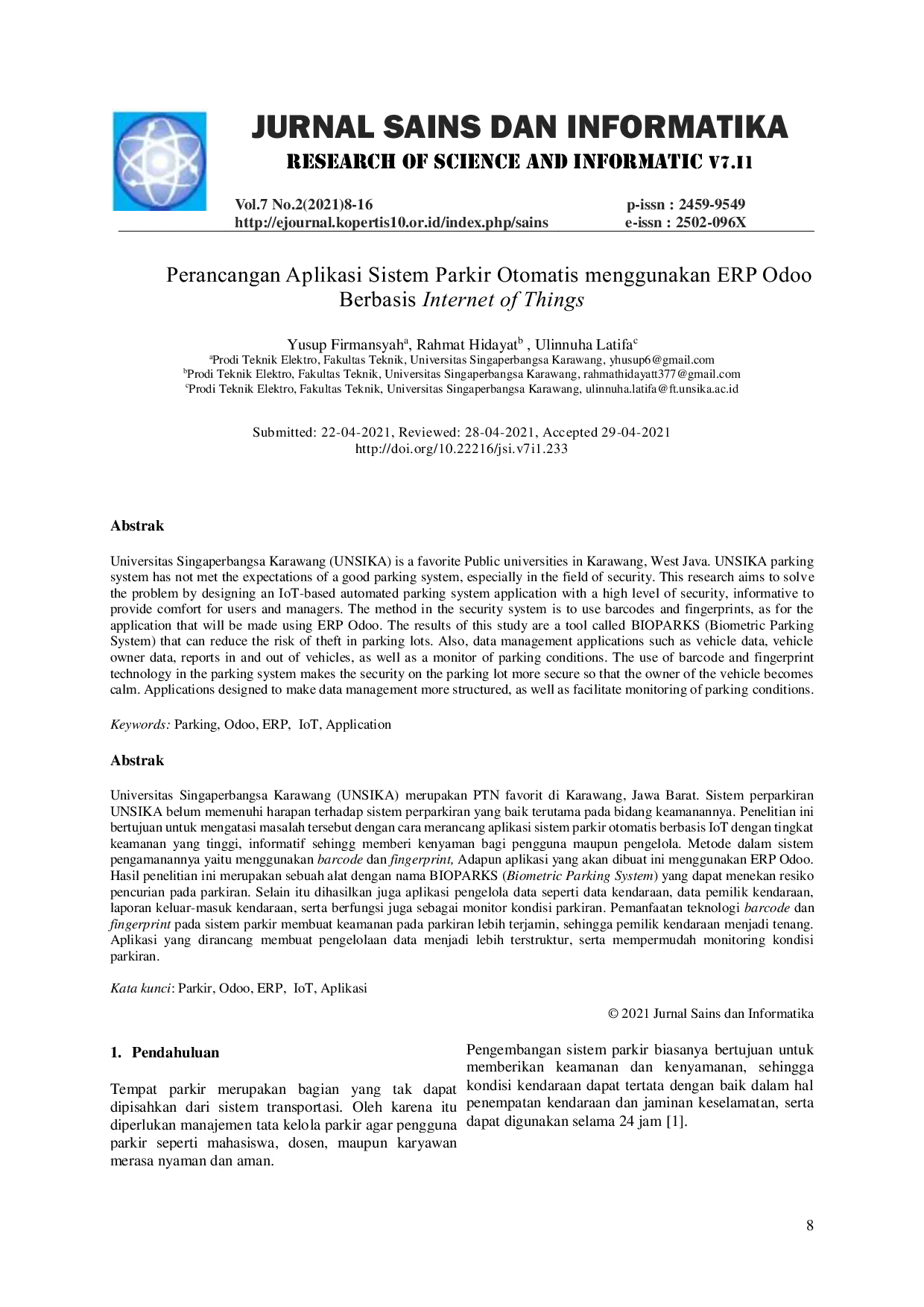 JURIS Perancangan Aplikasi Sistem Parkir Otomatis menggunakan ERP Odoo Berbasis Internet of Things