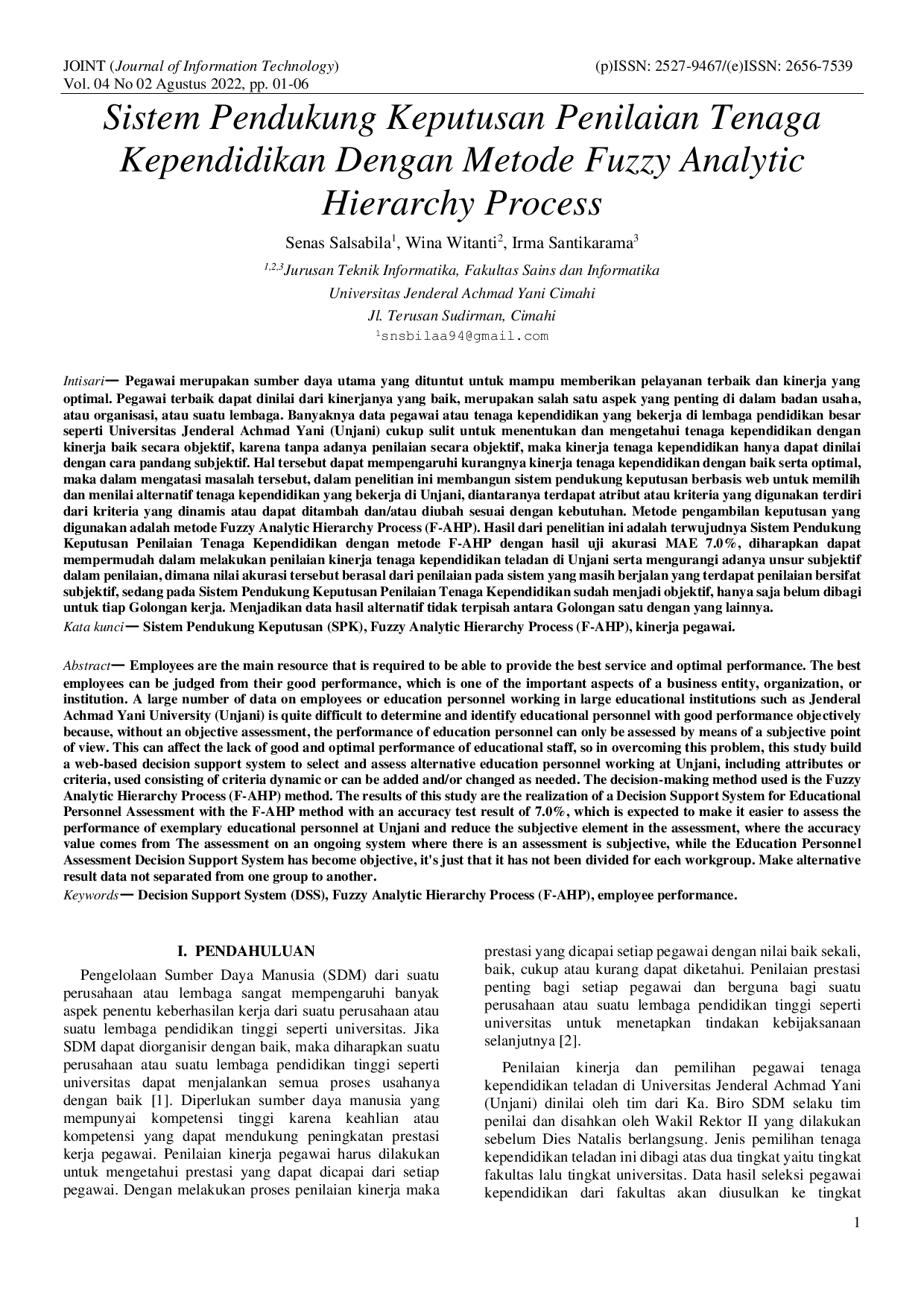 JURIS Sistem Pendukung Keputusan Penilaian Tenaga Kependidikan Dengan Metode Fuzzy Analytic Hierarchy Process
