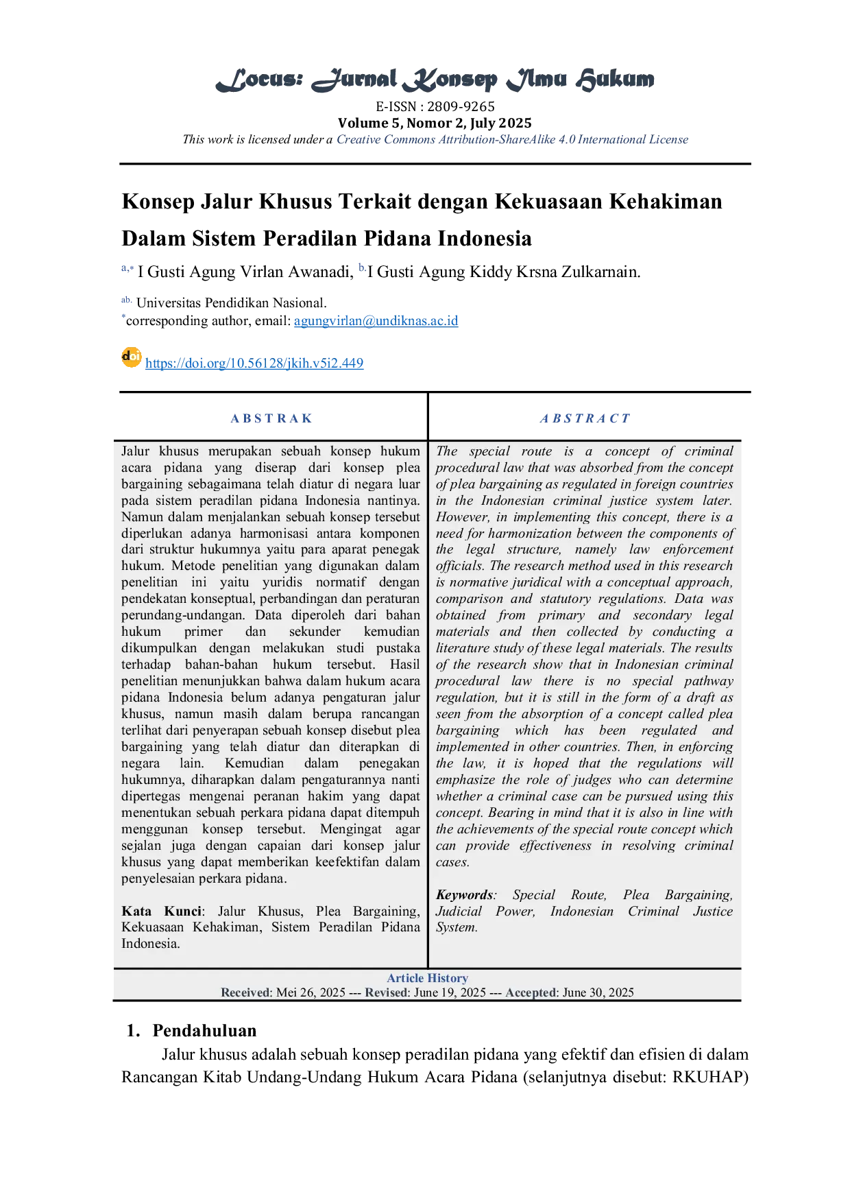 JURIS Konsep Jalur Khusus Terkait Dengan Kekuasaan Kehakiman Dalam Sistem Peradilan Pidana Indonesia