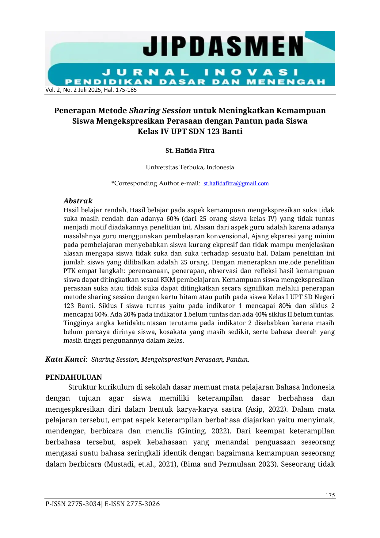 JURIS Penerapan Metode Sharing Session untuk Meningkatkan Kemampuan Siswa Mengekspresikan Perasaan dengan Pantun pada Siswa Kelas UPT SDN 123 Banti