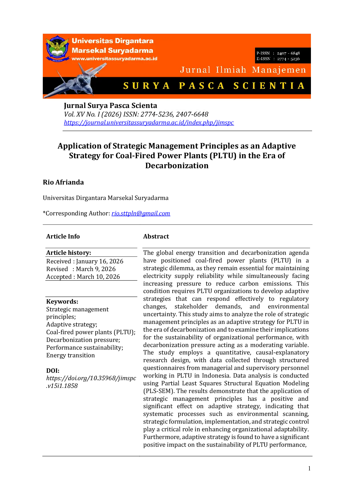 JURIS Application of Strategic Management Principles as an Adaptive Strategy for Coal Fired Power Plants PLTU in the Era of Decarbonization