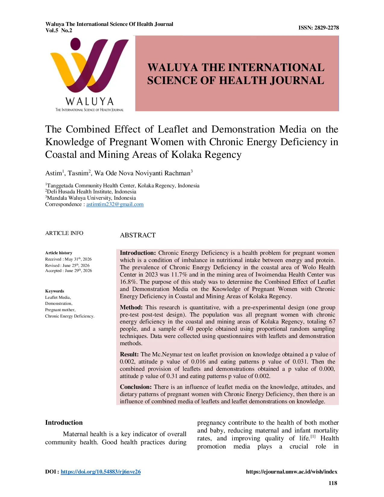 JURIS The Combined Effect of Leaflet and Demonstration Media on the Knowledge of Pregnant Women with Chronic Energy Deficiency in Coastal and Mining Areas of Kolaka Regency