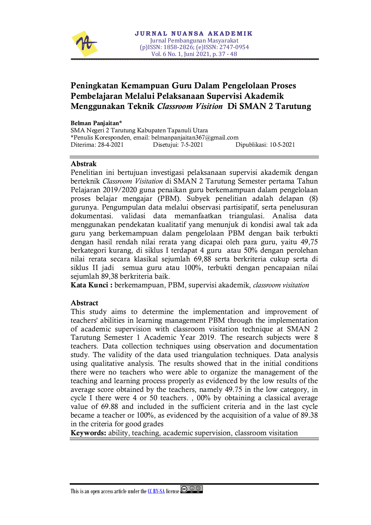 JURIS Peningkatan Kemampuan Guru Dalam Pengelolaan Proses Pembelajaran Melalui Pelaksanaan Supervisi Akademik Menggunakan Teknik Classroom Visition Di SMAN 2 Tarutung