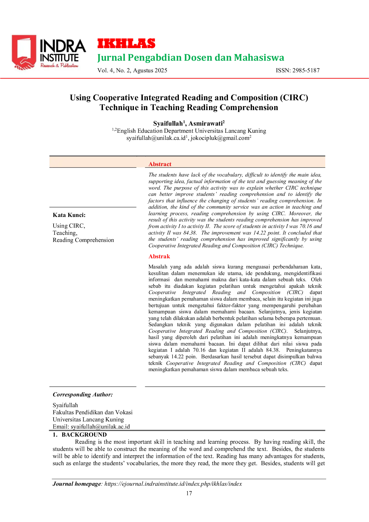 JURIS Using Cooperative Integrated Reading and Composition CIRC Technique in Teaching Reading Comprehension