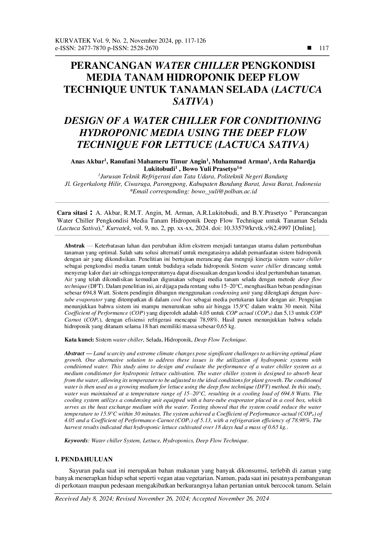 JURIS Perancangan Water Chiller Pengkondisi Media Tanam Hidroponik Deep Flow Technique Untuk Tanaman Selada Lactuca Sativa
