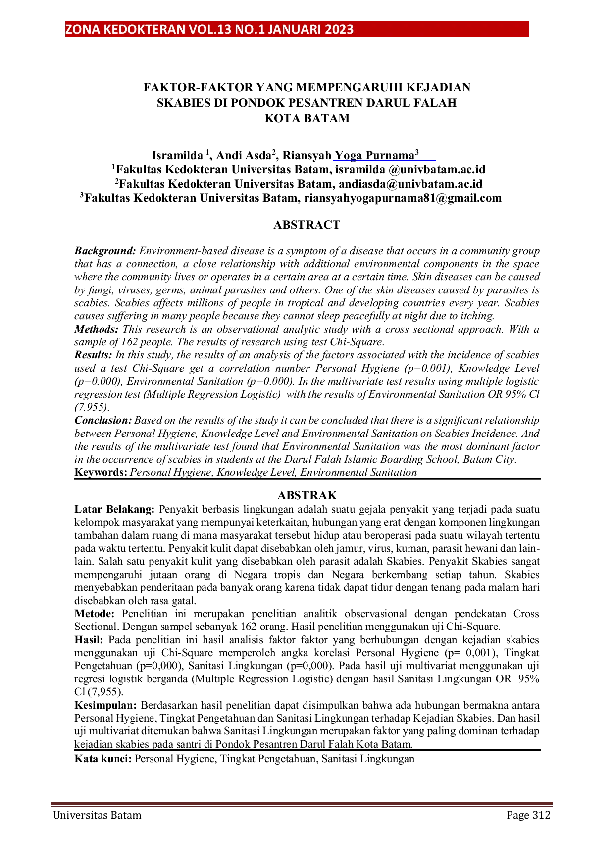 JURIS Faktor Faktor Yang Mempengaruhi Kejadian Skabies Di Pondok Pesantren Darul Falah Kota Batam