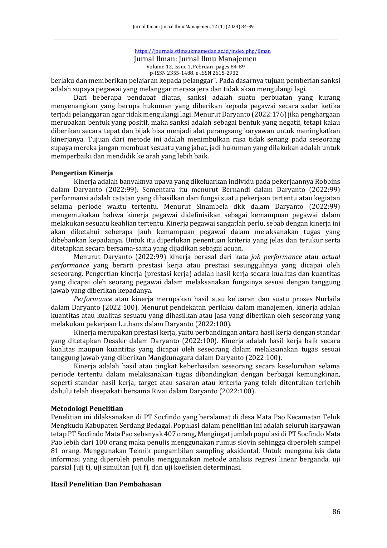 JURIS Pengaruh Penghargaan Dan Sanksi Terhadap Kinerja Karyawan Tetap Di Pt Socfindo Mata Pao Kabupaten Serdang Bedagai