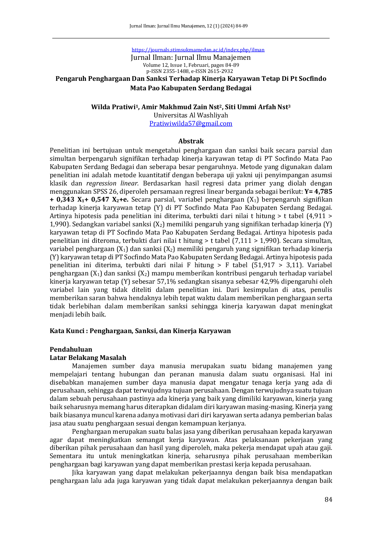 JURIS Pengaruh Penghargaan Dan Sanksi Terhadap Kinerja Karyawan Tetap Di Pt Socfindo Mata Pao Kabupaten Serdang Bedagai