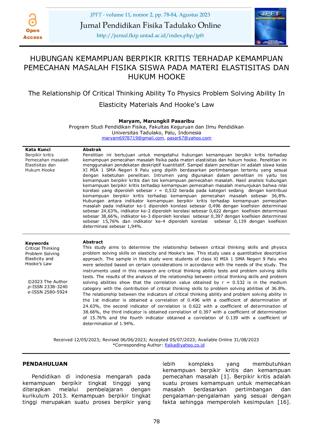 JURIS Hubungan Kemampuan Berpikir Kritis Terhadap Kemampuan Pemecahan Masalah Fisika Siswa Pada Materi Elastisitas Dan Hukum Hooke
