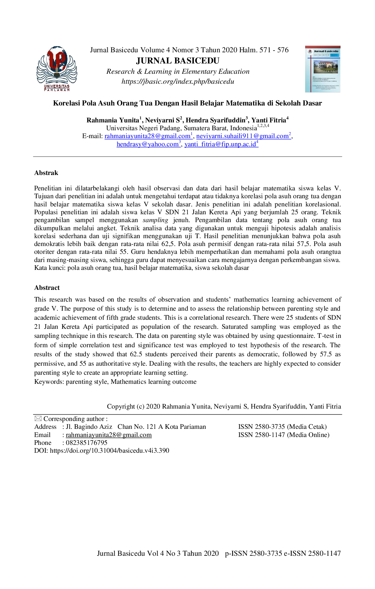JURIS Korelasi Pola Asuh Orang Tua dengan Hasil Belajar Matematika di Sekolah Dasar