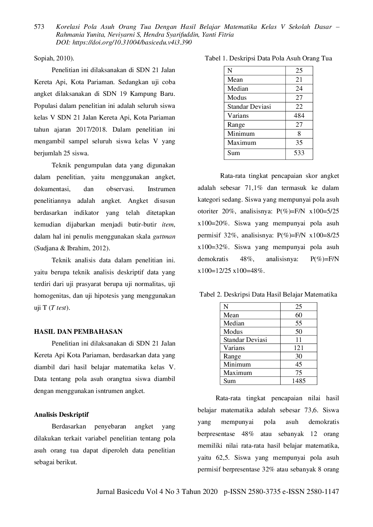 JURIS Korelasi Pola Asuh Orang Tua dengan Hasil Belajar Matematika di Sekolah Dasar