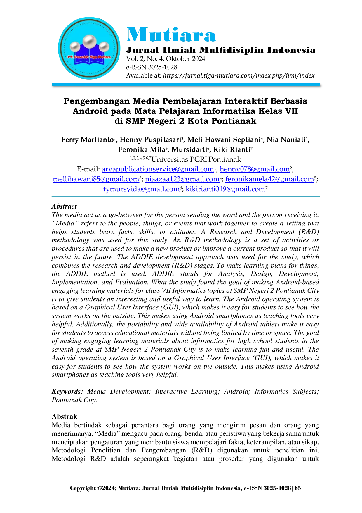 JURIS Pengembangan Media Pembelajaran Interaktif Berbasis Android pada Mata Pelajaran Informatika Kelas VII di SMP Negeri 2 Kota Pontianak