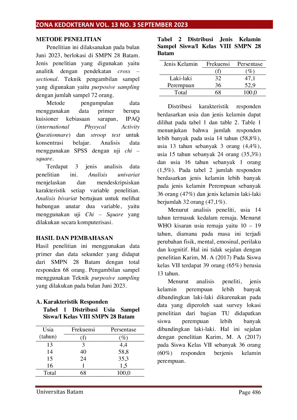 JURIS Hubungan Kebiasaan Sarapan Dan Aktivitas Fisik Dengan Konsentrasi Belajar Siswa I Kelas Viii Smpn 28 Batam Tahun 2023