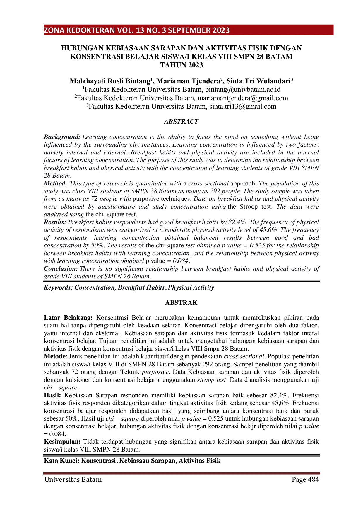 JURIS Hubungan Kebiasaan Sarapan Dan Aktivitas Fisik Dengan Konsentrasi Belajar Siswa I Kelas Viii Smpn 28 Batam Tahun 2023