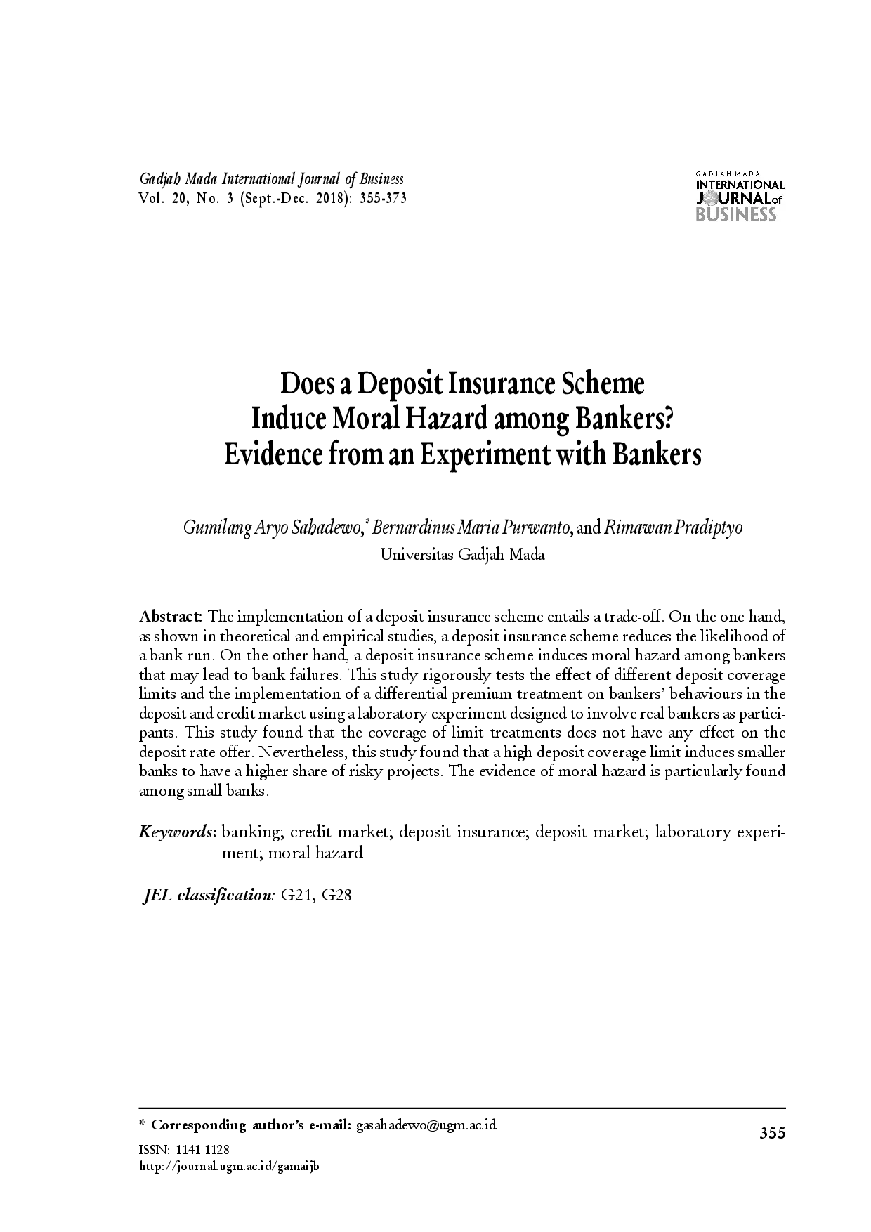 juris Does a Deposit Insurance Scheme Induce Moral Hazard among Bankers Evidence from an experiment with bankers