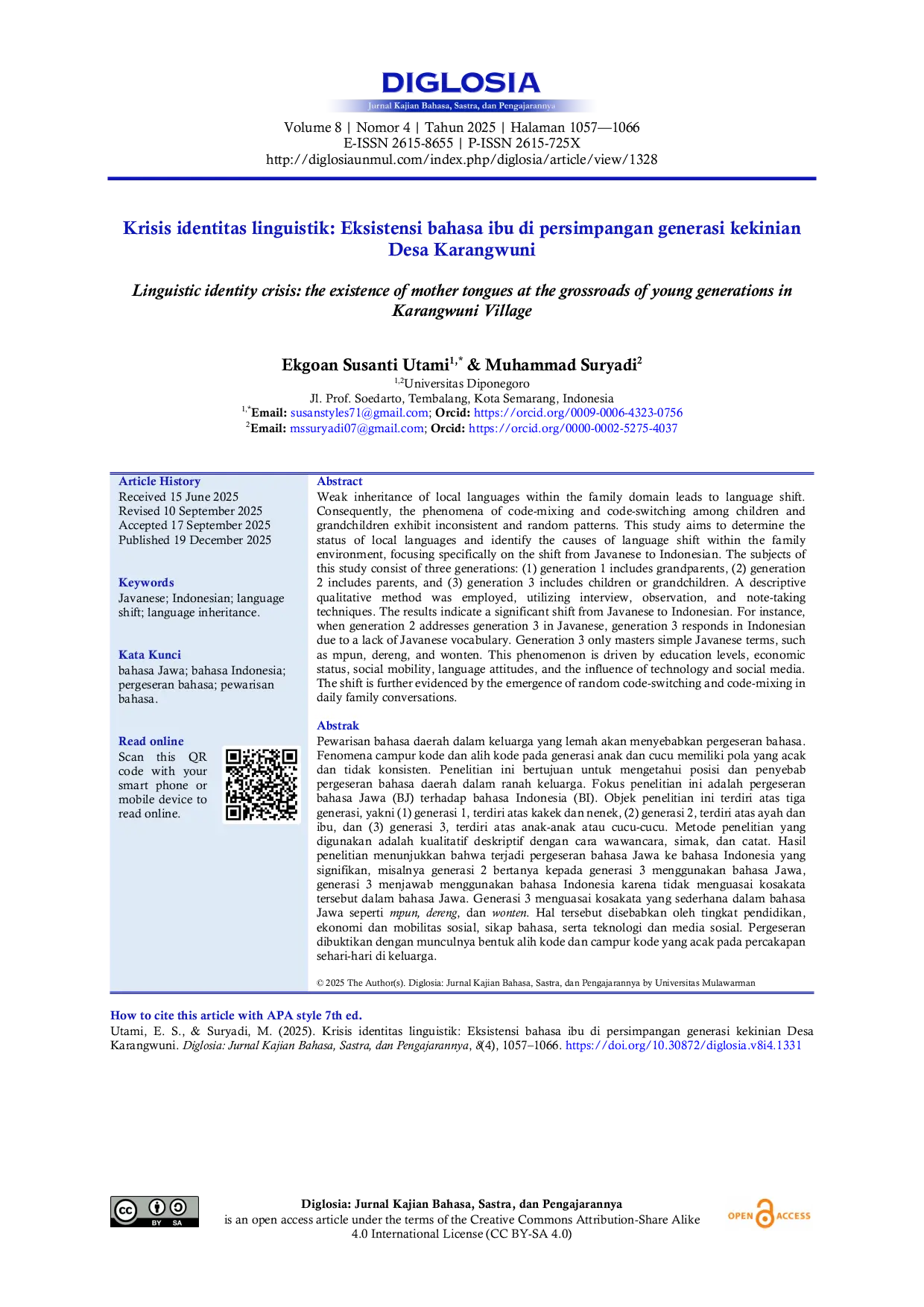 JURIS Krisis identitas linguistik Eksistensi bahasa ibu di persimpangan generasi kekinian Desa Karangwuni