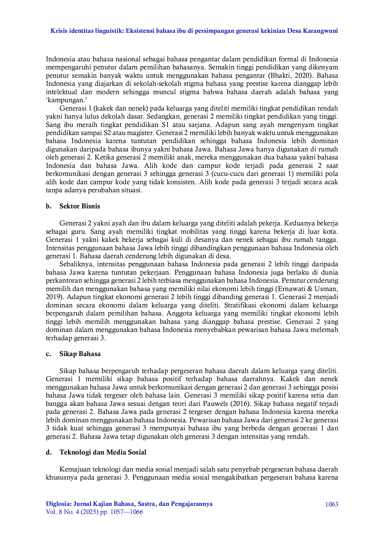 JURIS Krisis identitas linguistik Eksistensi bahasa ibu di persimpangan generasi kekinian Desa Karangwuni