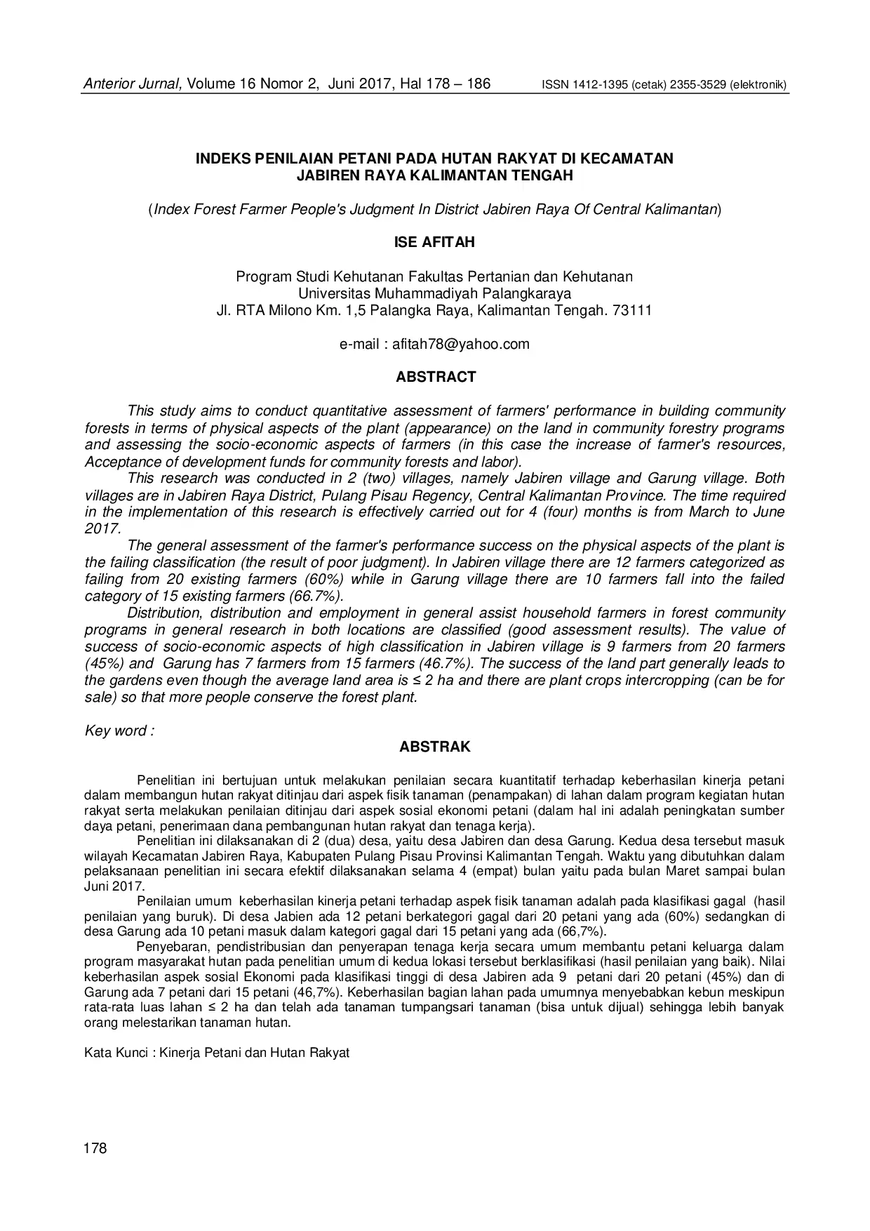 JURIS Indeks Penilaian Petani Pada Hutan Rakyat Di Kecamatan Jabiren Raya Kalimantan Tengah