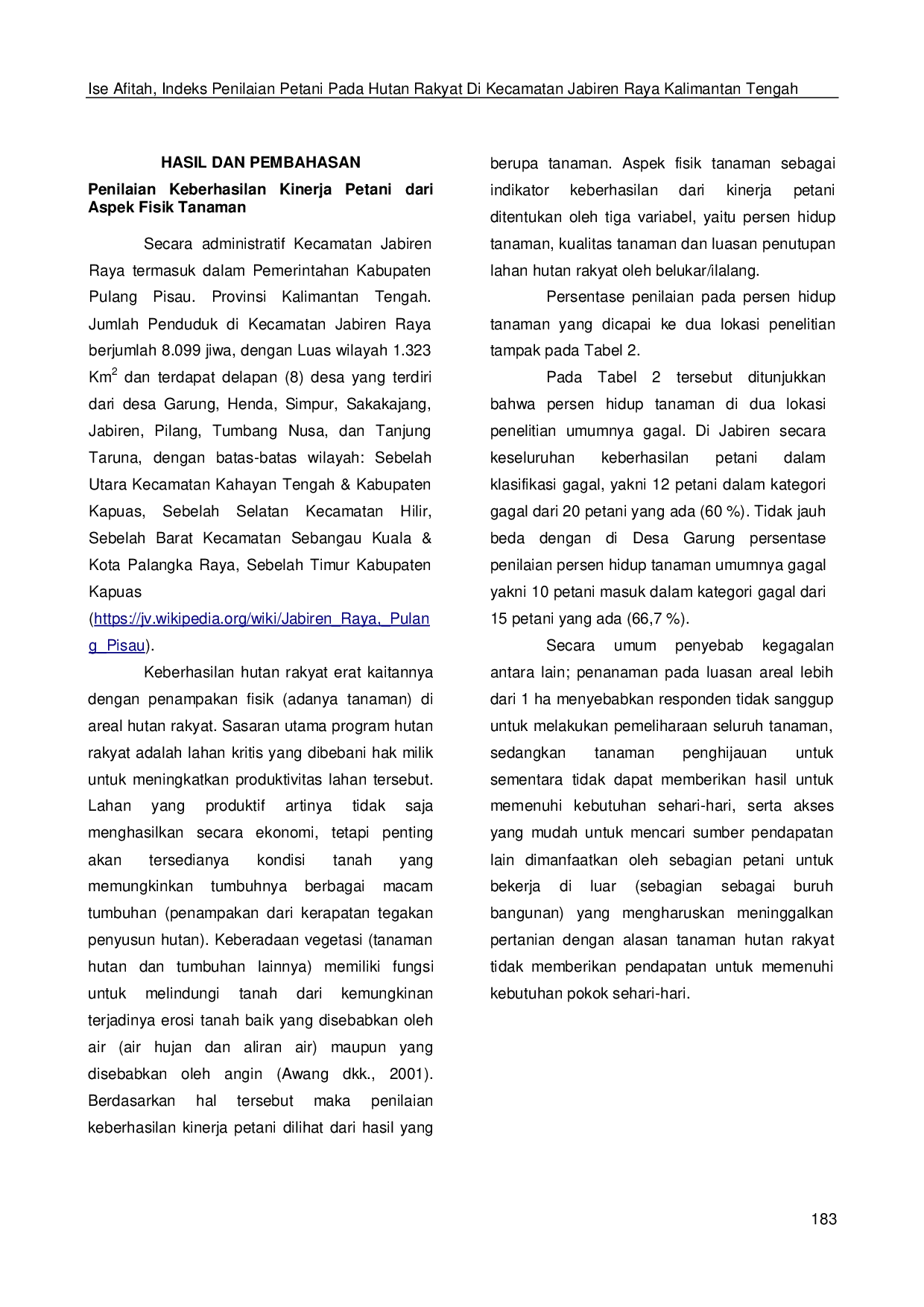 JURIS Indeks Penilaian Petani Pada Hutan Rakyat Di Kecamatan Jabiren Raya Kalimantan Tengah