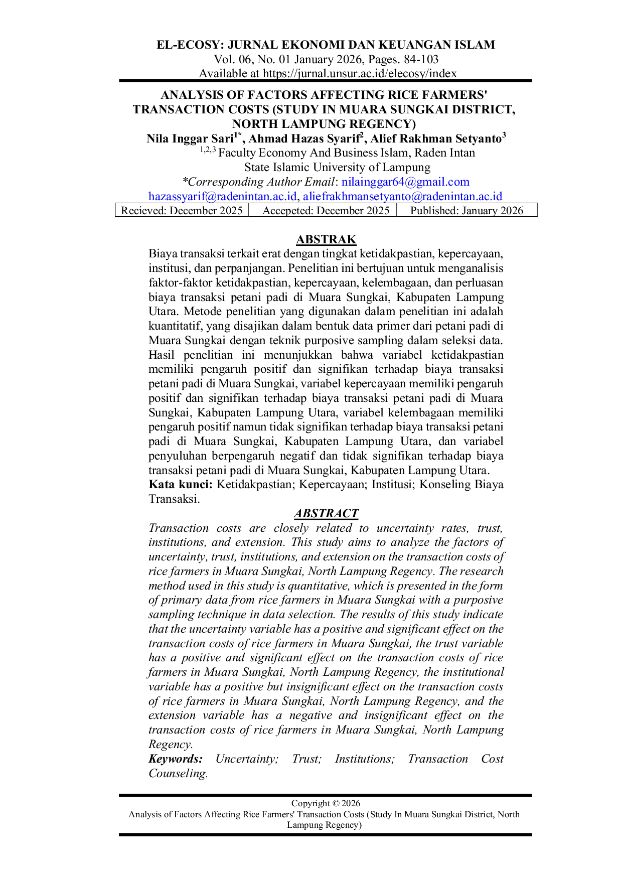 JURIS Analysis of Factors Affecting Rice Farmers Transaction Costs Study in Muara Sungkai District North Lampung Regency