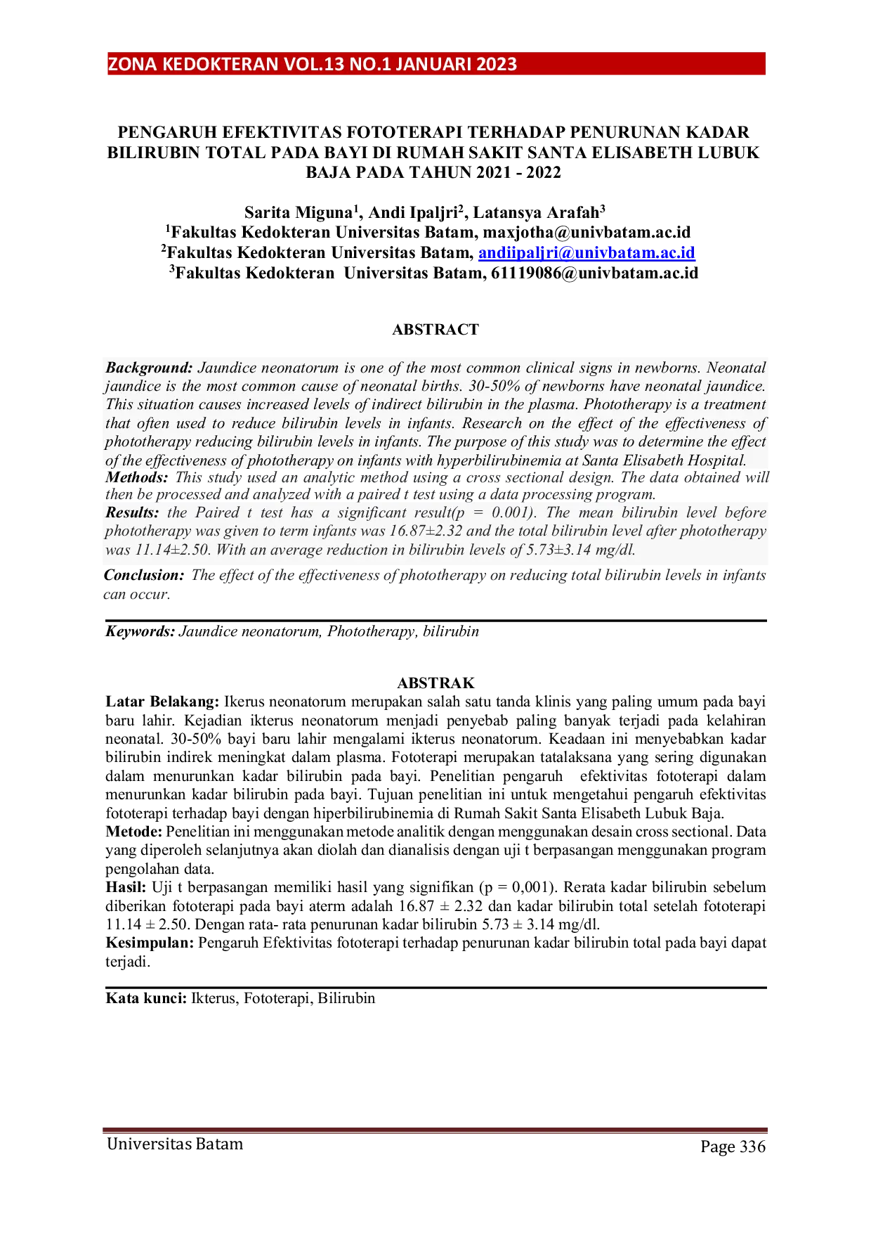 JURIS Pengaruh Efektivitas Fototerapi Terhadap Penurunan Kadar Bilirubin Total Pada Bayi Di Rumah Sakit Santa Elisabeth Lubuk Baja Pada Tahun 2021 2022