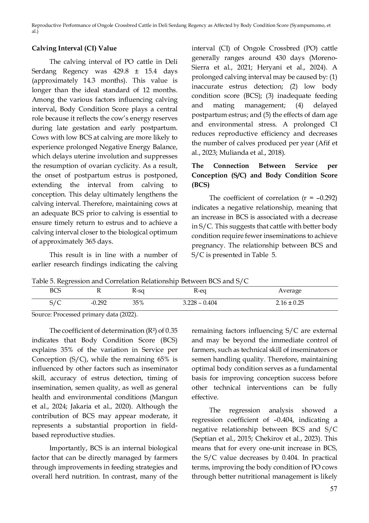 JURIS Reproductive Performance of Ongole Crossbred Cattle in Deli Serdang Regency as Affected by Body Condition Score