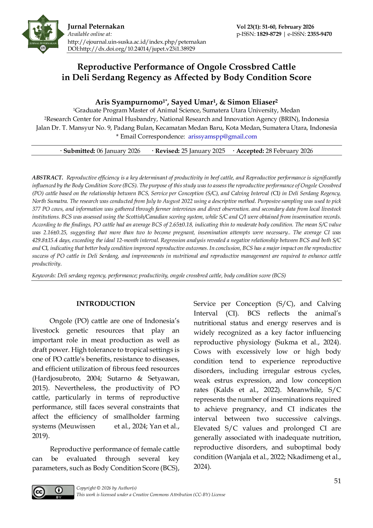 JURIS Reproductive Performance of Ongole Crossbred Cattle in Deli Serdang Regency as Affected by Body Condition Score