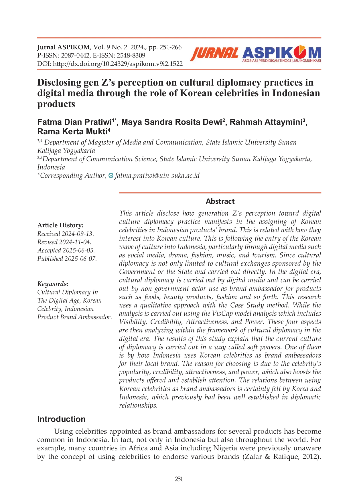 JURIS Disclosing gen Z s perception on cultural diplomacy practices in digital media through the role of Korean celebrities in Indonesian products