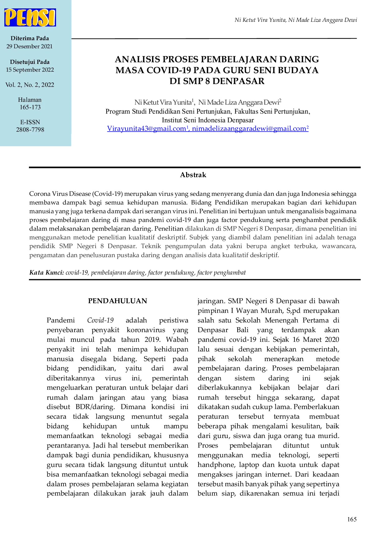 JURIS Analisis Proses Pembelajaran Daring Masa Covid 19 Pada Guru Seni Budaya Di SMP 8 Denpasar