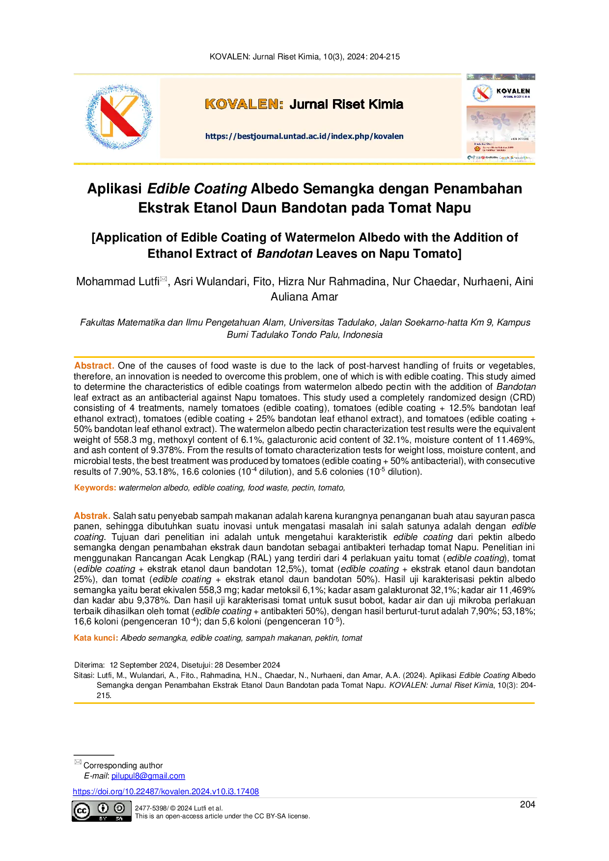 JURIS Aplikasi Edible Coating Albedo Semangka dengan Penambahan Ekstrak Etanol Daun Bandotan pada Tomat Napu